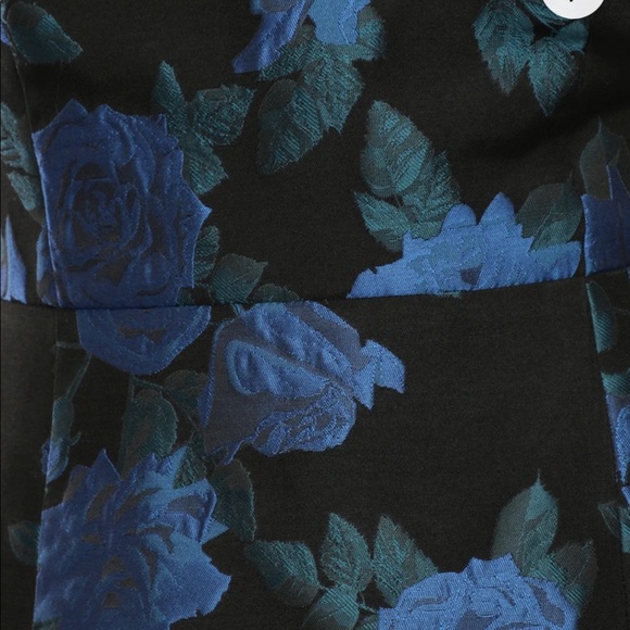 Puff sleeve blue floral jacquard mini dress V neckline - Picture 5 of 5